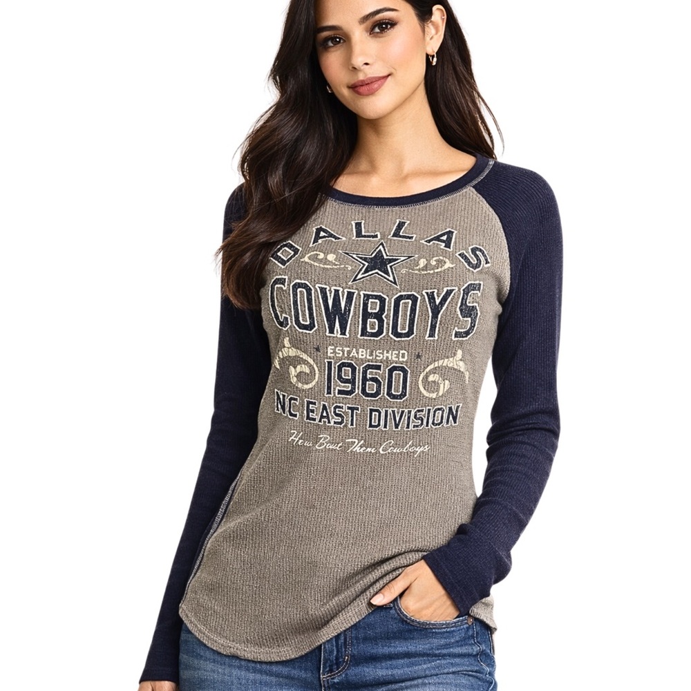 NFL DALLAS COWBOYS Jersey Top Blue & Gray Graphic Football Game Day Womens SZ M